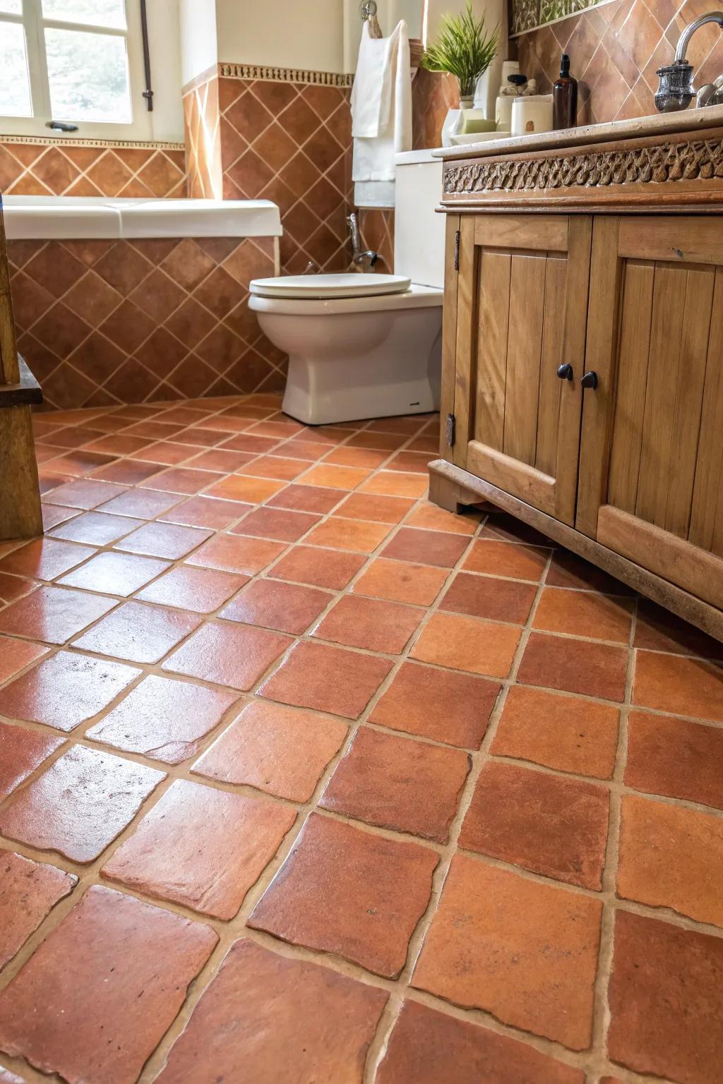 Terracotta coverings bring warmth and charm to your bathroom space.