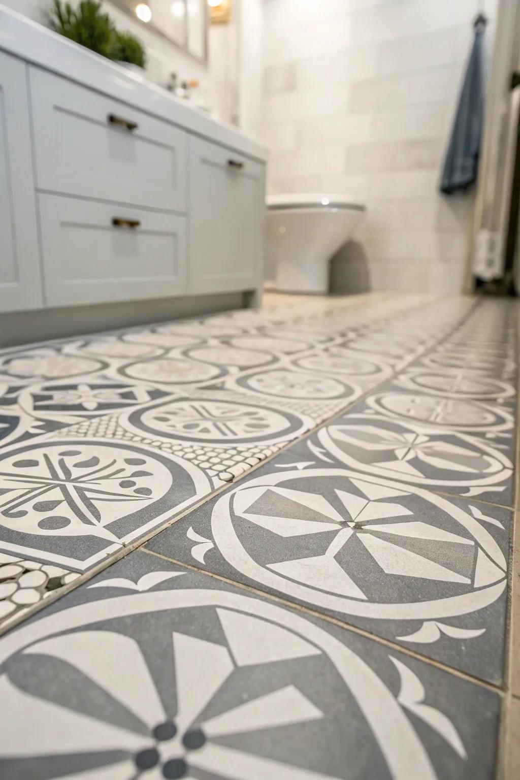 Patterned concrete coverings offer a sleek, modern vibe to your bathroom.