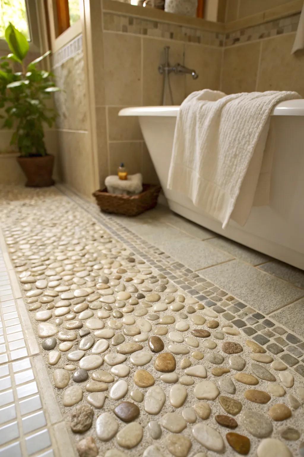 Pebble coverings introduce a soothing, nature-inspired element to bathrooms.