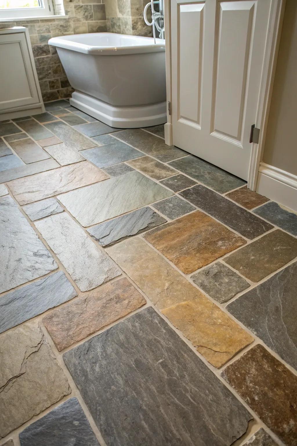 Slate coverings offer a country-style, natural aesthetic for your bathroom.