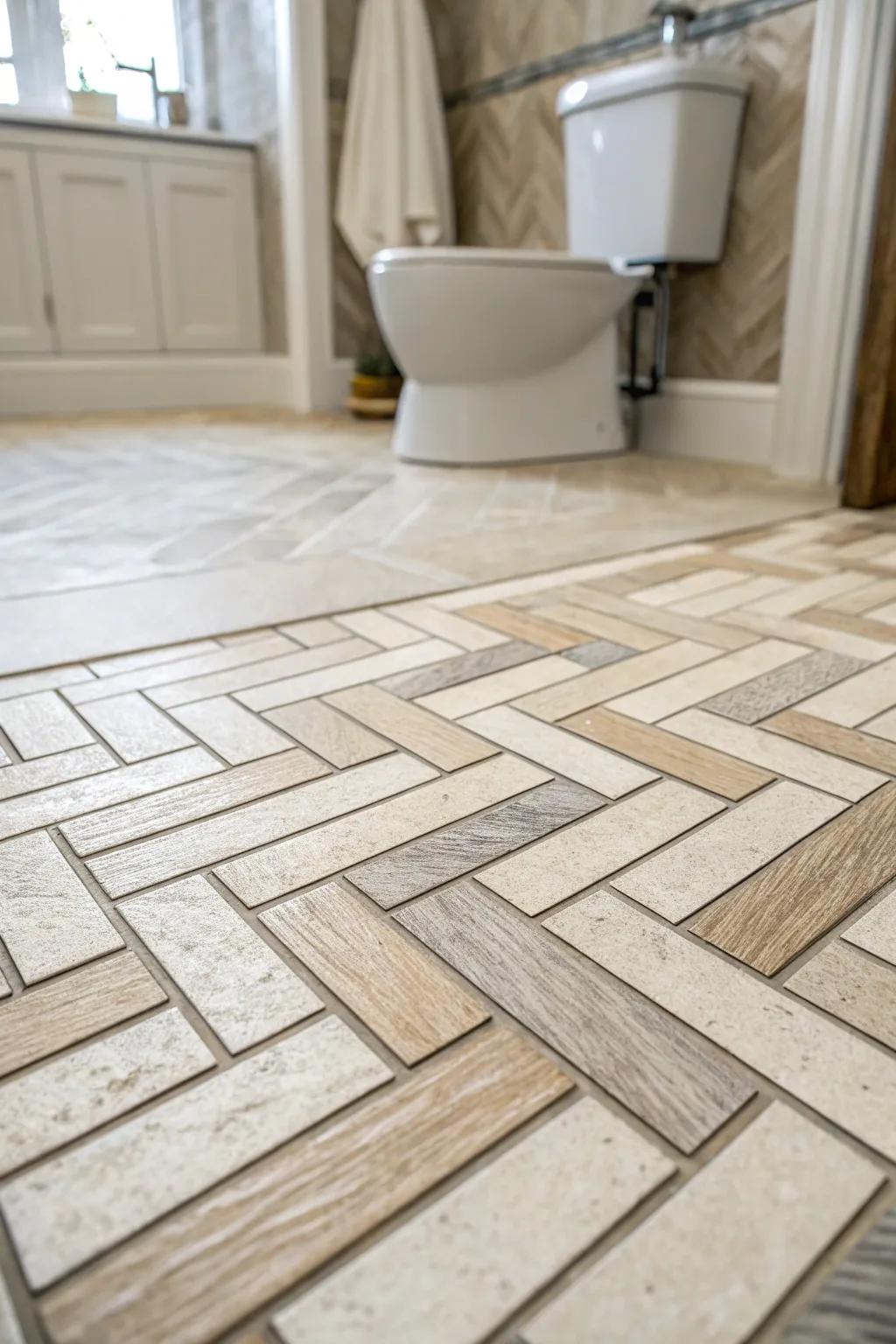 Herringbone designs imbue movement and elegance into bathroom floors.