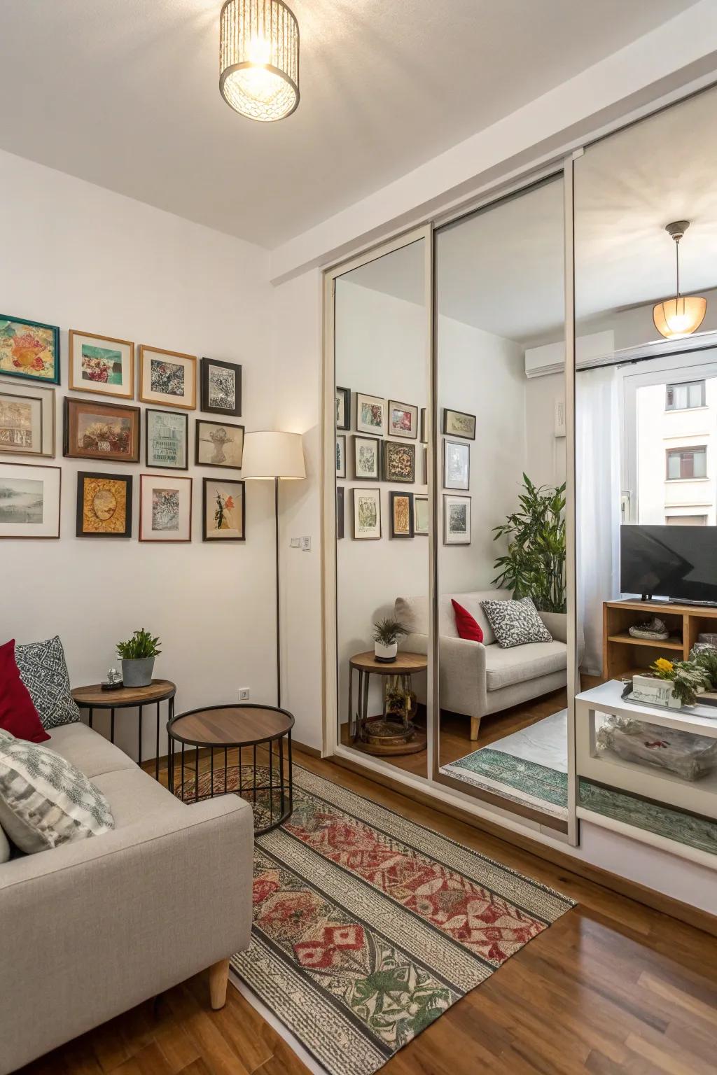 Mirrors and wall art amplify the perception of space.