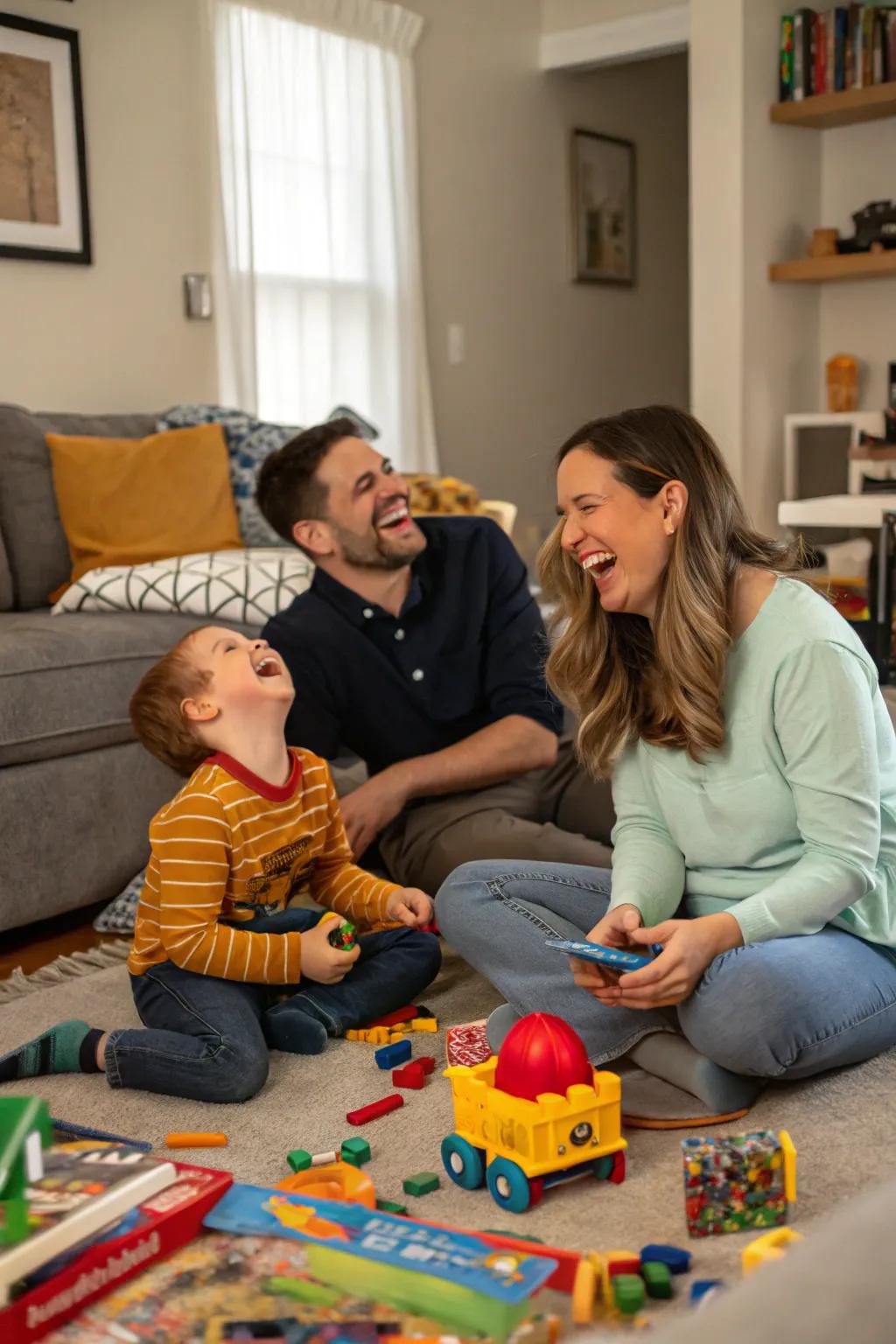 A gleeful and spontaneous family relishing an anything-goes evening in their living area.