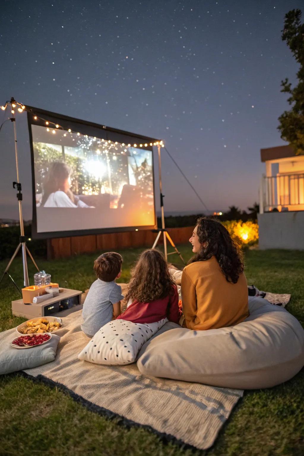 A stunning outdoor film night set up in the backyard.