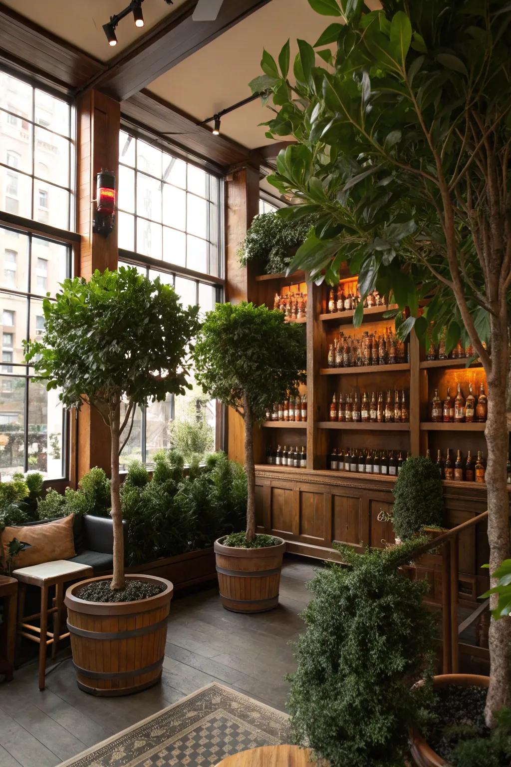 Plant life adds a refreshing touch of nature to the room.