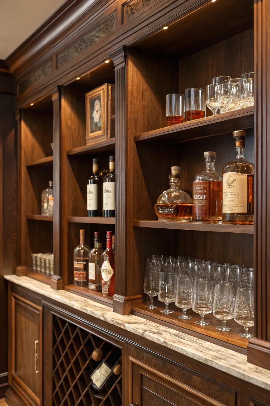 Deep timber shelves display a spirits collection with elegance.