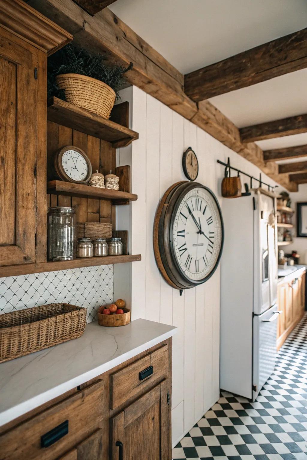 Old-fashioned timepiece on a modern farmhouse cooking area wall.