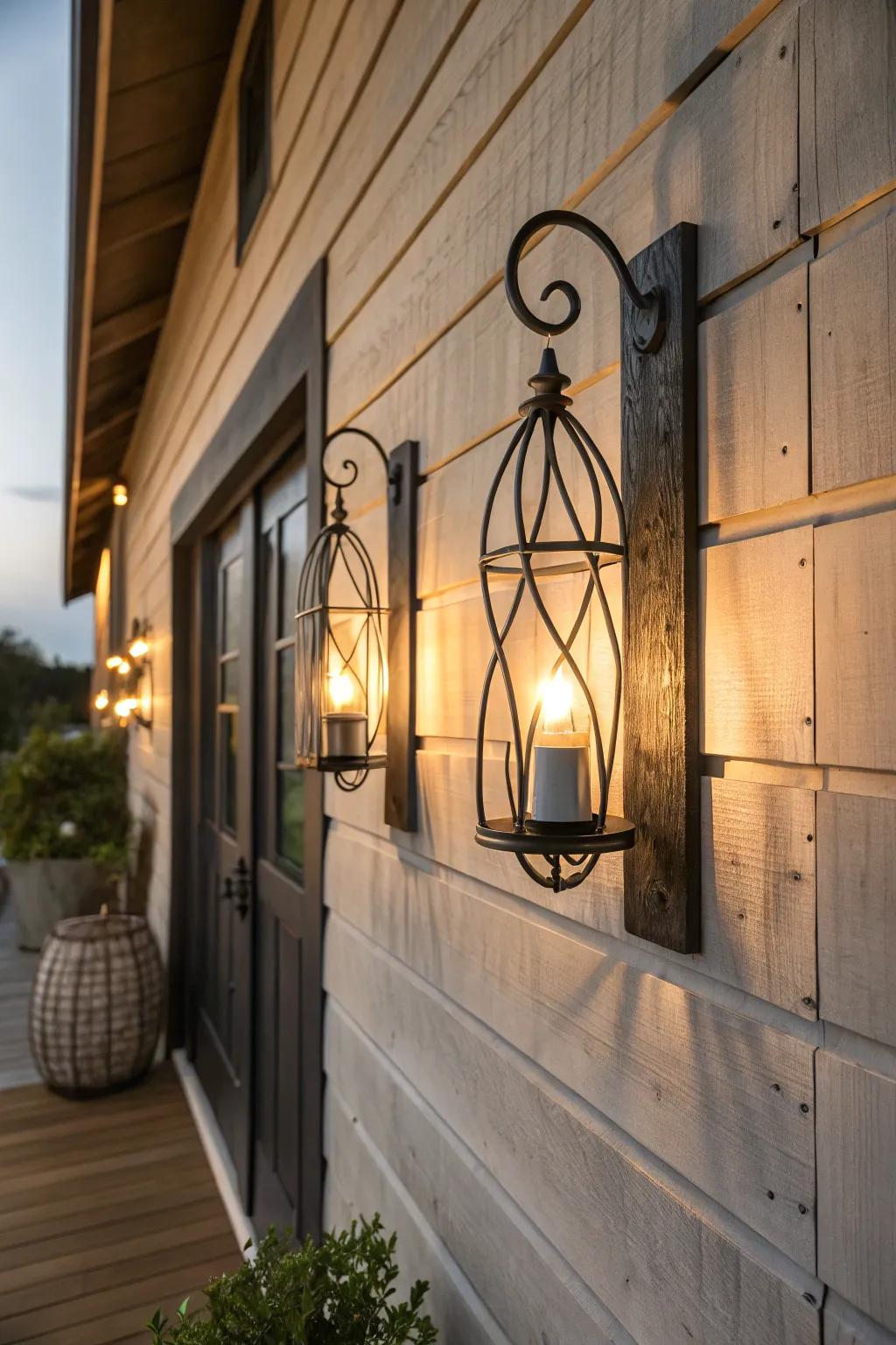 Metal wall lights adding warm illumination to a farmhouse wall.