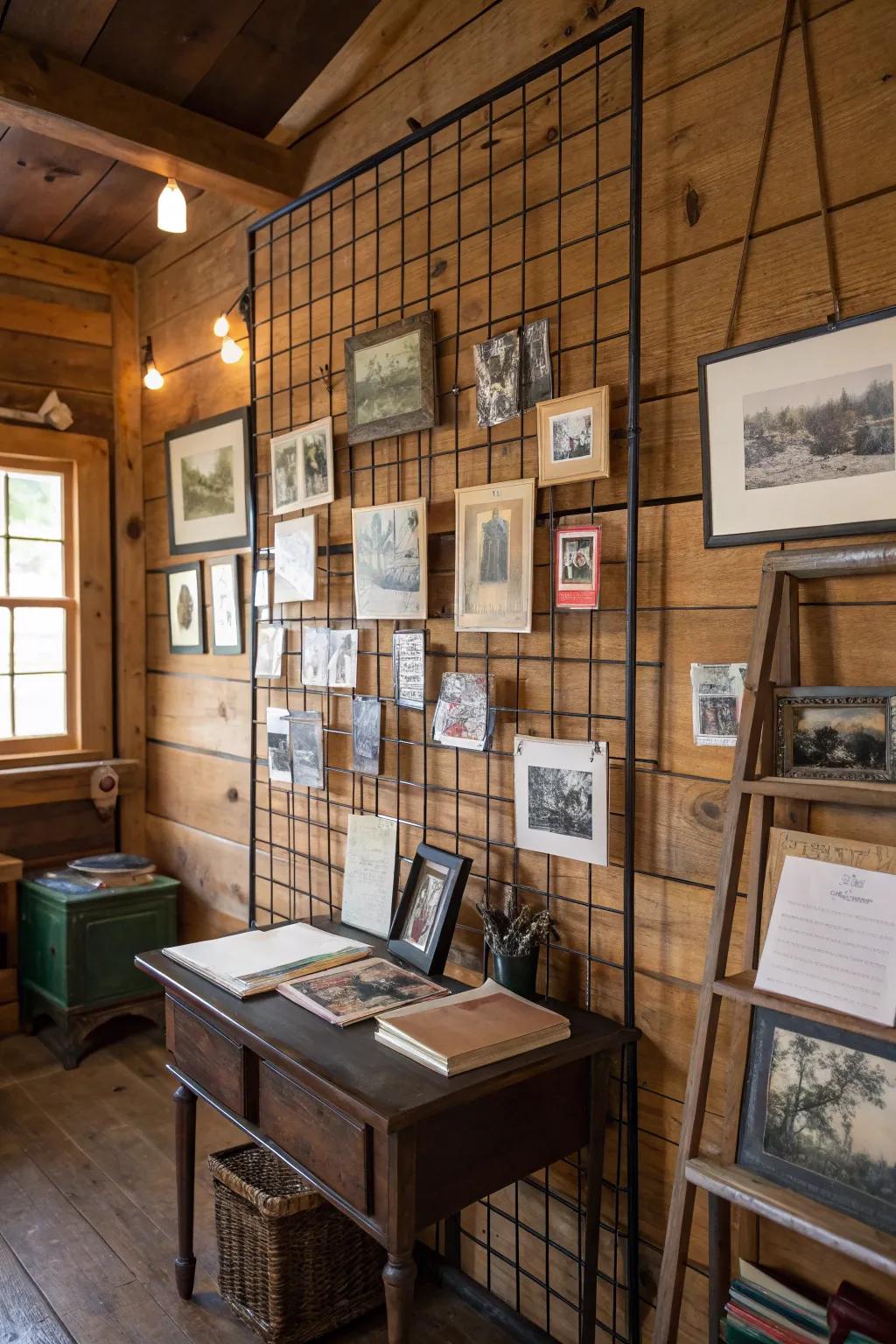 Metal grid photo display for a personal touch.