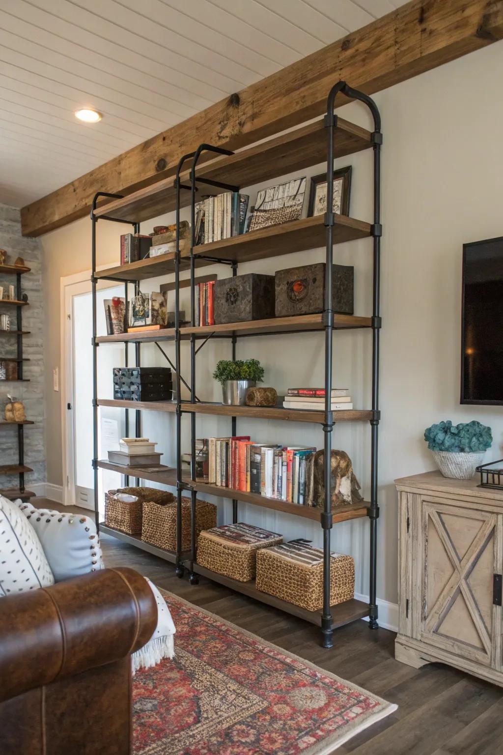 Factory pipe shelving for a modern farmhouse touch.