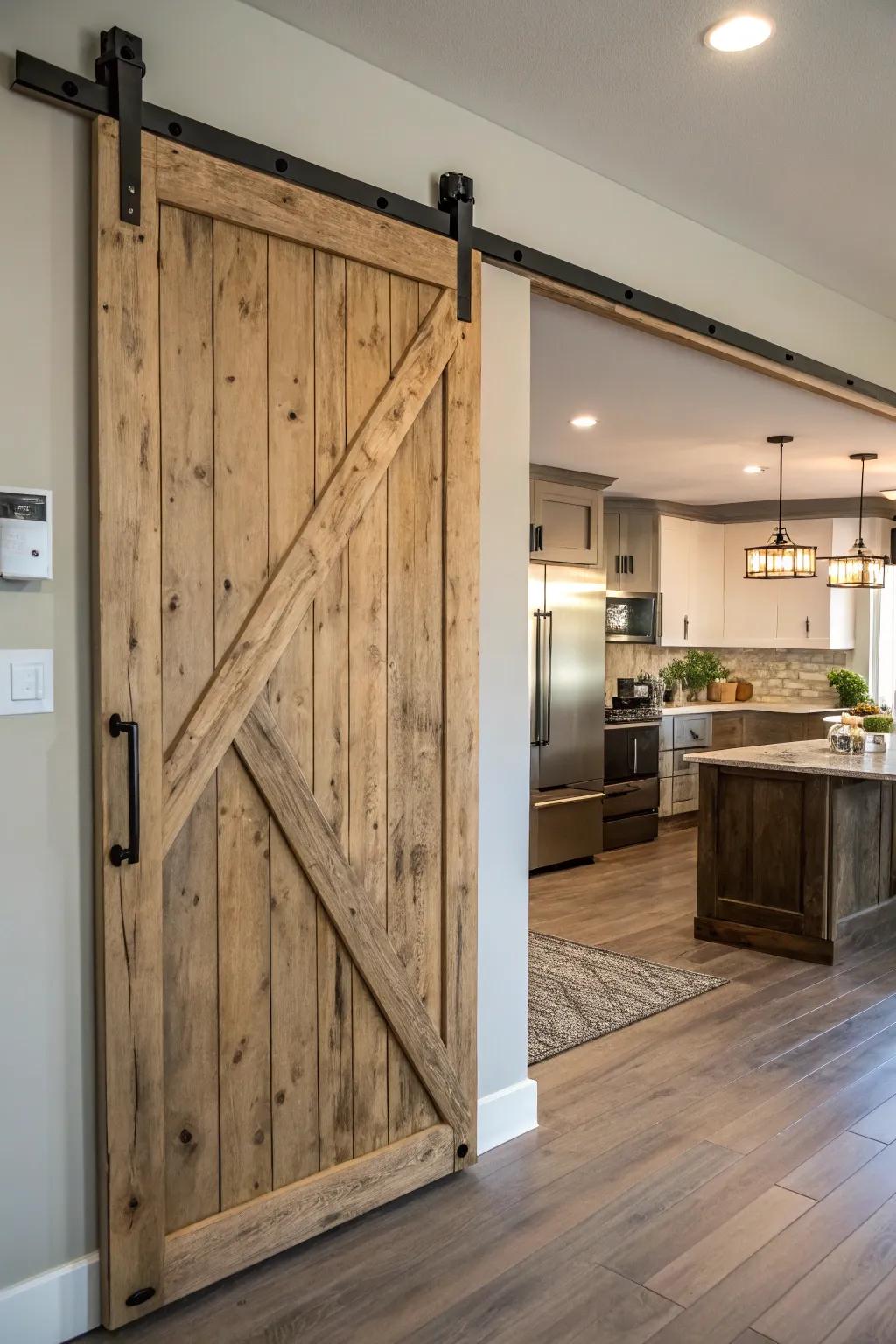 Country sliding barn door in a cooking area setting.