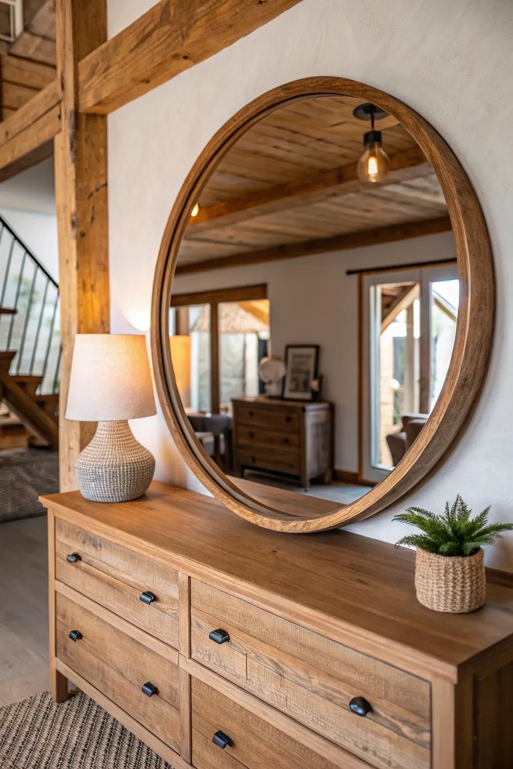 Round wood-framed mirror in a light-filled farmhouse room.