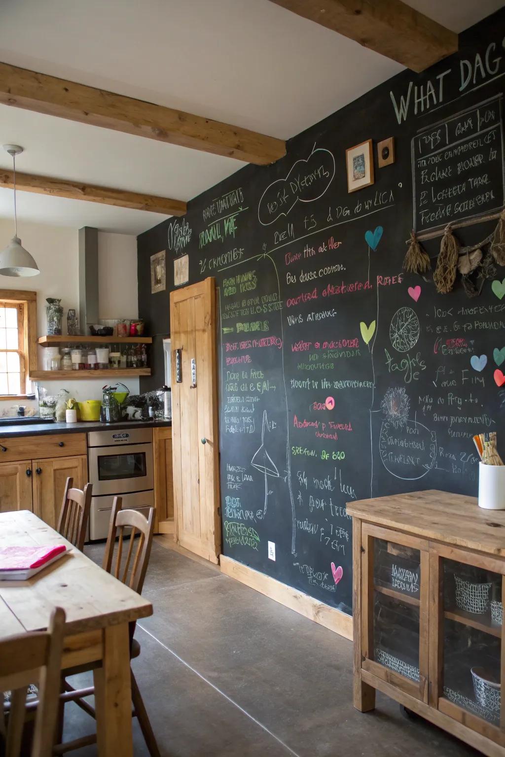 Blackboard wall for creativity in a farmhouse cooking area.