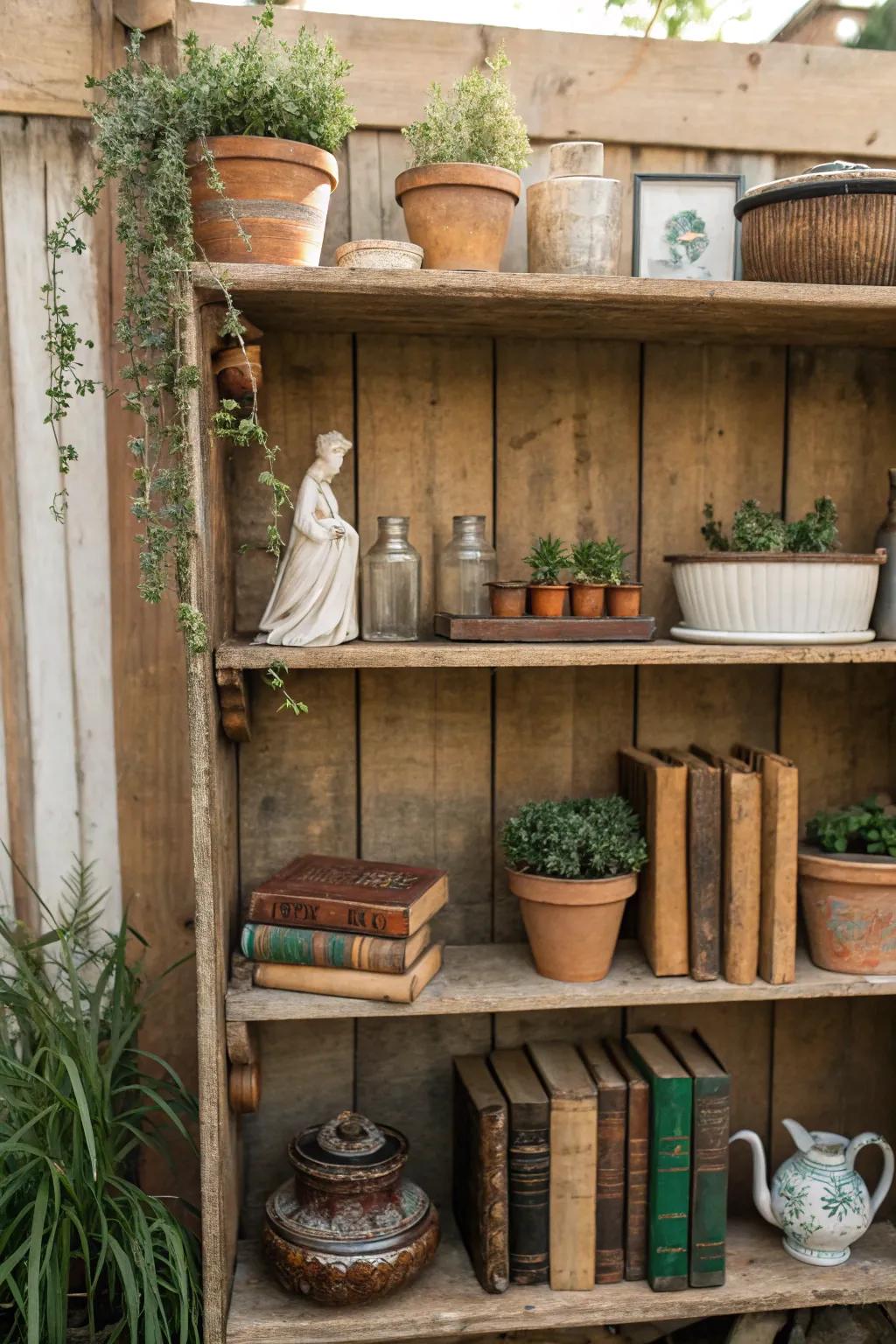 Country wood shelves presenting vintage decorations and greenery.