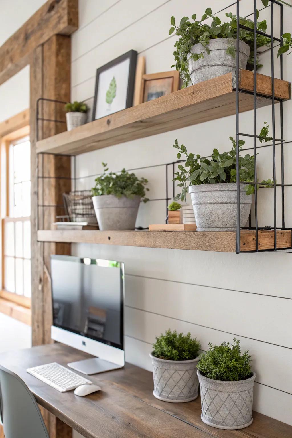 Floating shelves with greenery in a refreshing home office.