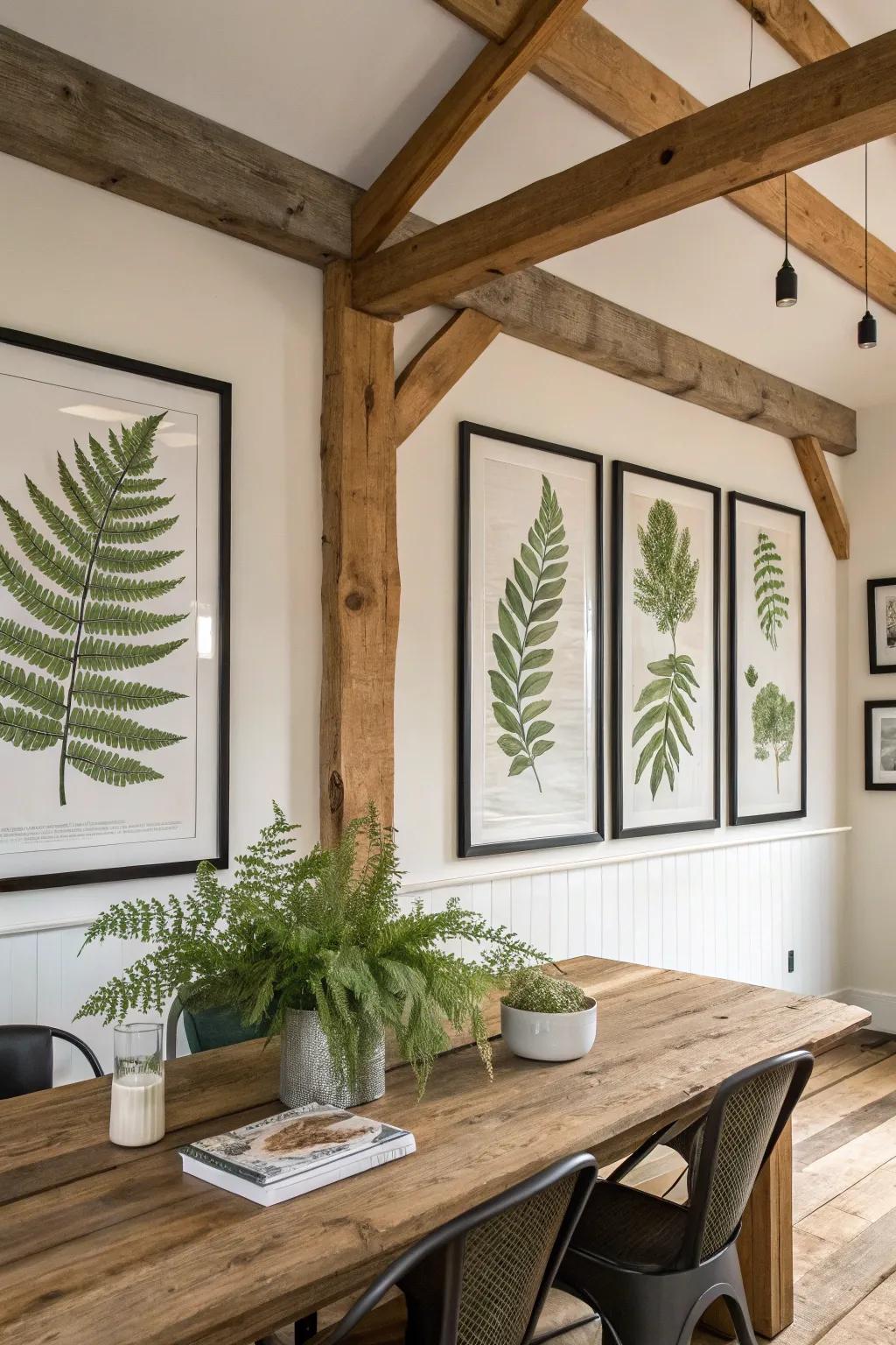 Plant drawings adding a natural touch to a dining room.
