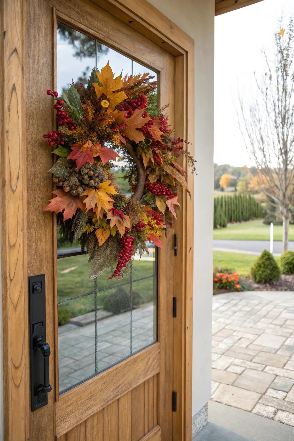 Seasonal decoration welcoming guests at the front door.