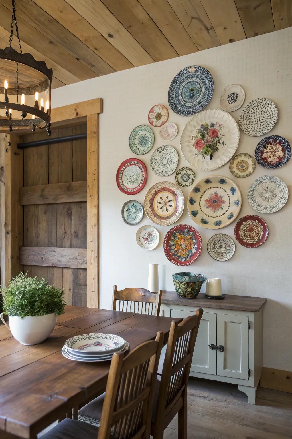 Vintage fancy plates adding charm to a dining area.