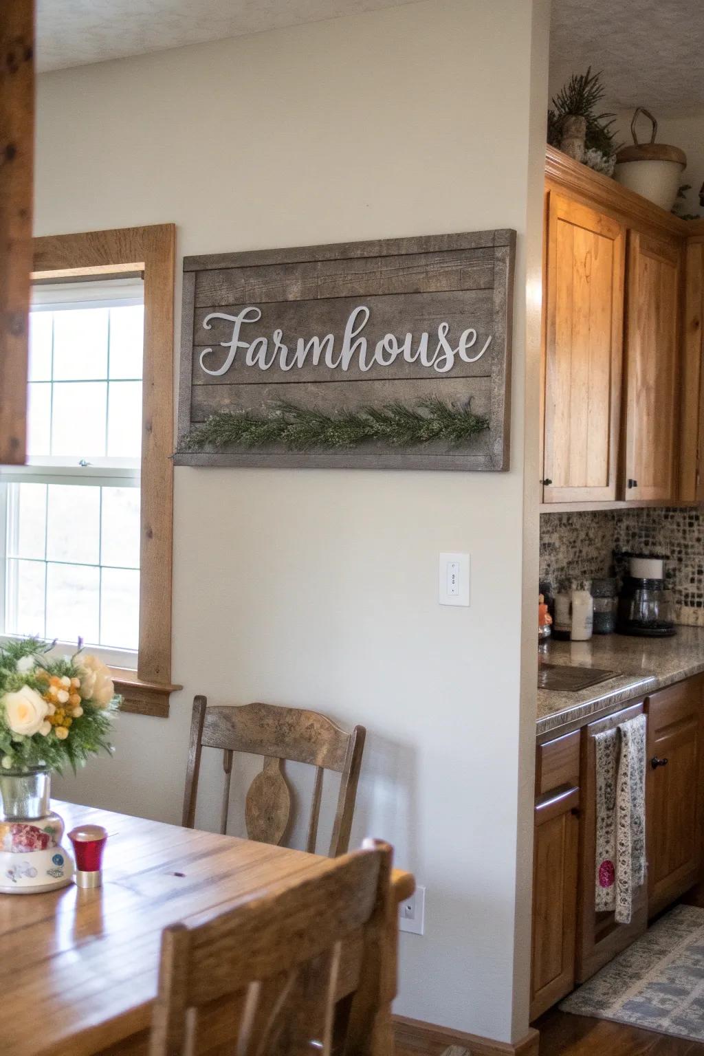 Personalized farmhouse sign in a cozy cooking area.