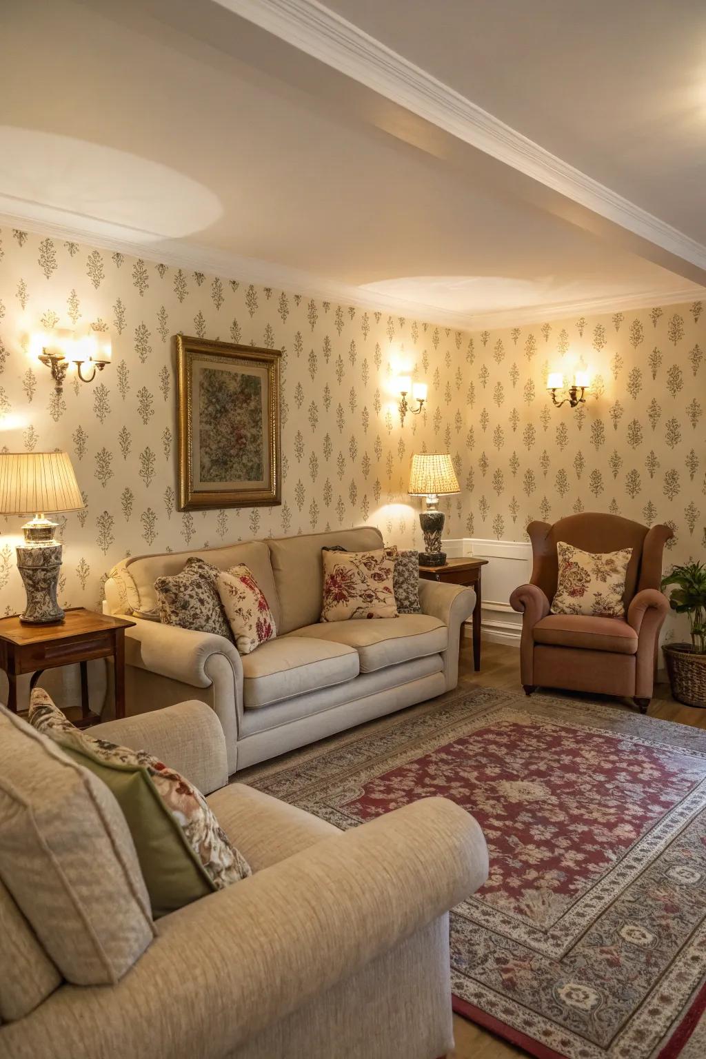 Enhance warmth with inviting furniture that complements your wallpaper.