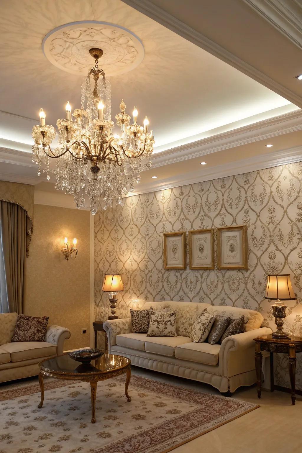 Highlight your wallpaper with stylish lighting for a luxurious ambiance.