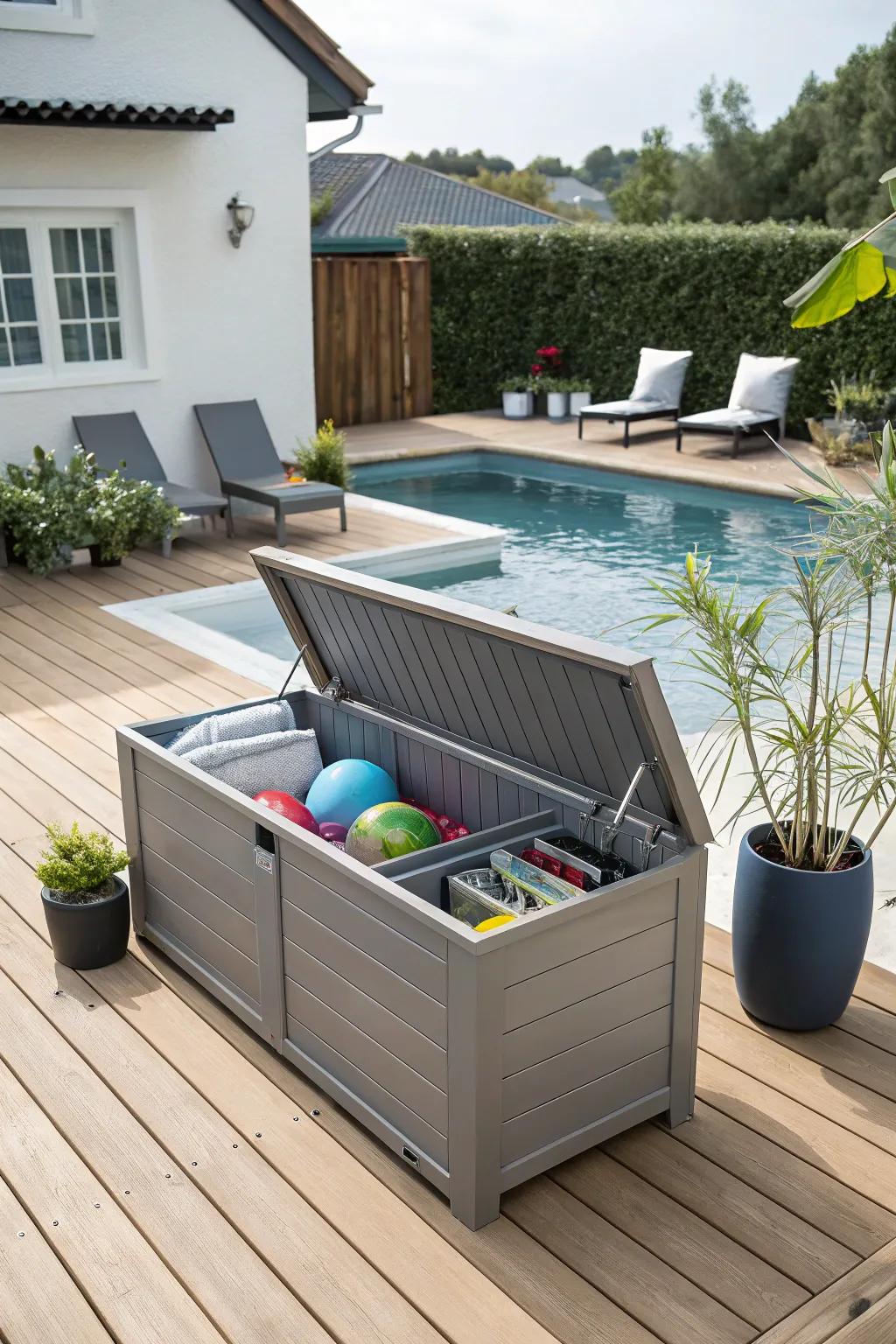 Deck boxes offer hidden storage and extra seating.