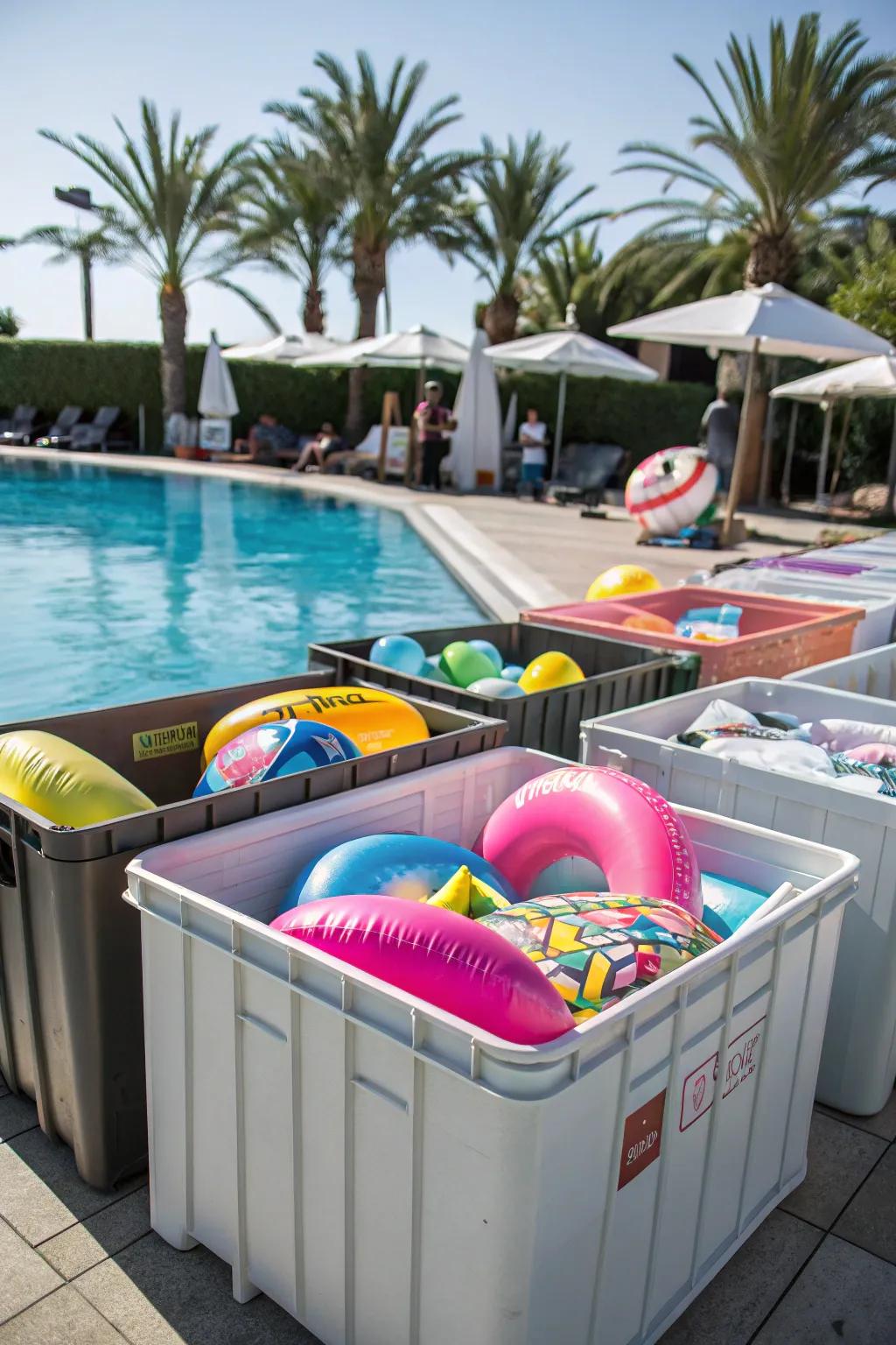 Large storage bins keeping pool floats grouped and dry.
