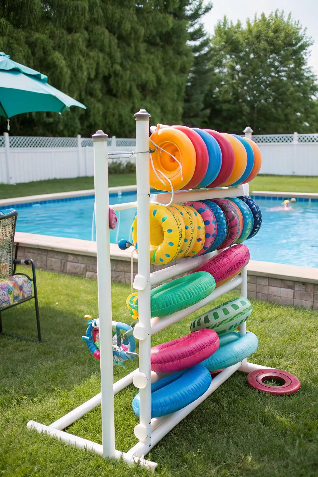 PVC tubing organizers offer a fun way to store pool floats.