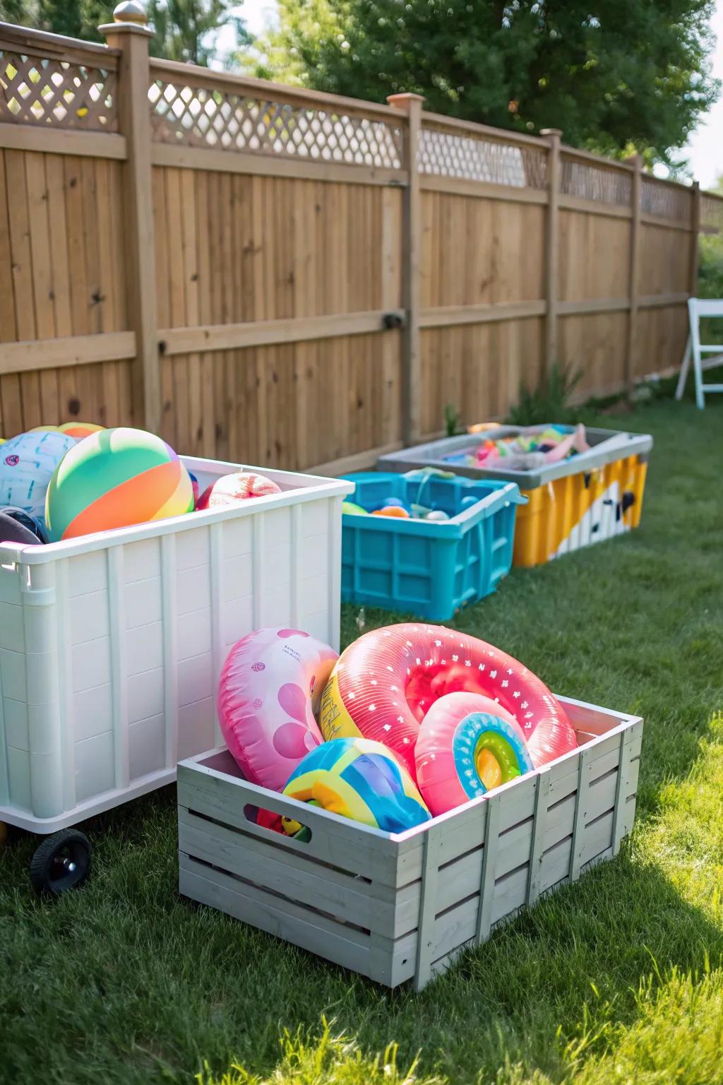 Rolling crates offer easy and moveable storage for pool floats.