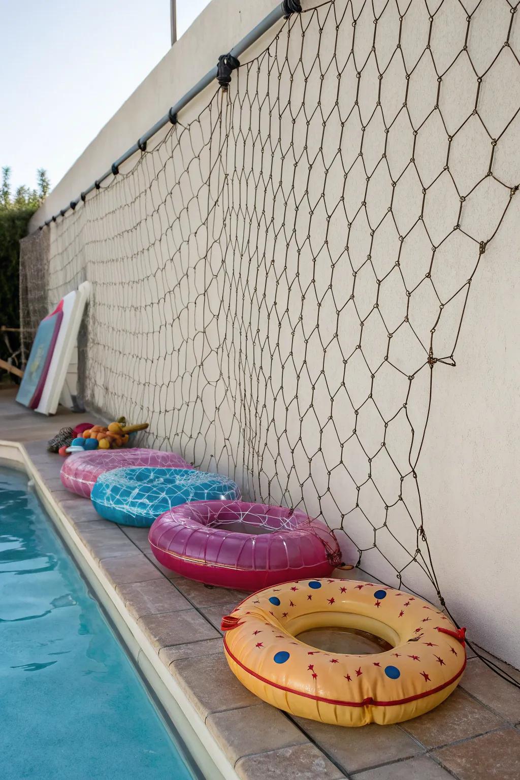 Bungee cord nets offer a flexible storage way for pool toys.