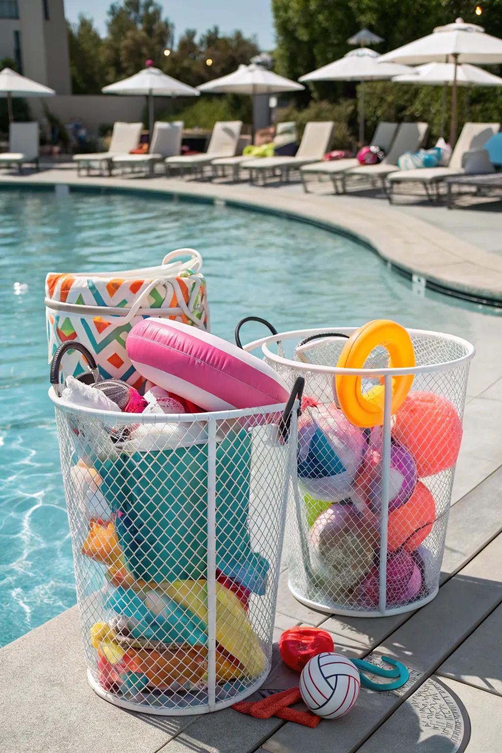 Mesh bins make sure pool floats dry fast and don't get mildew.