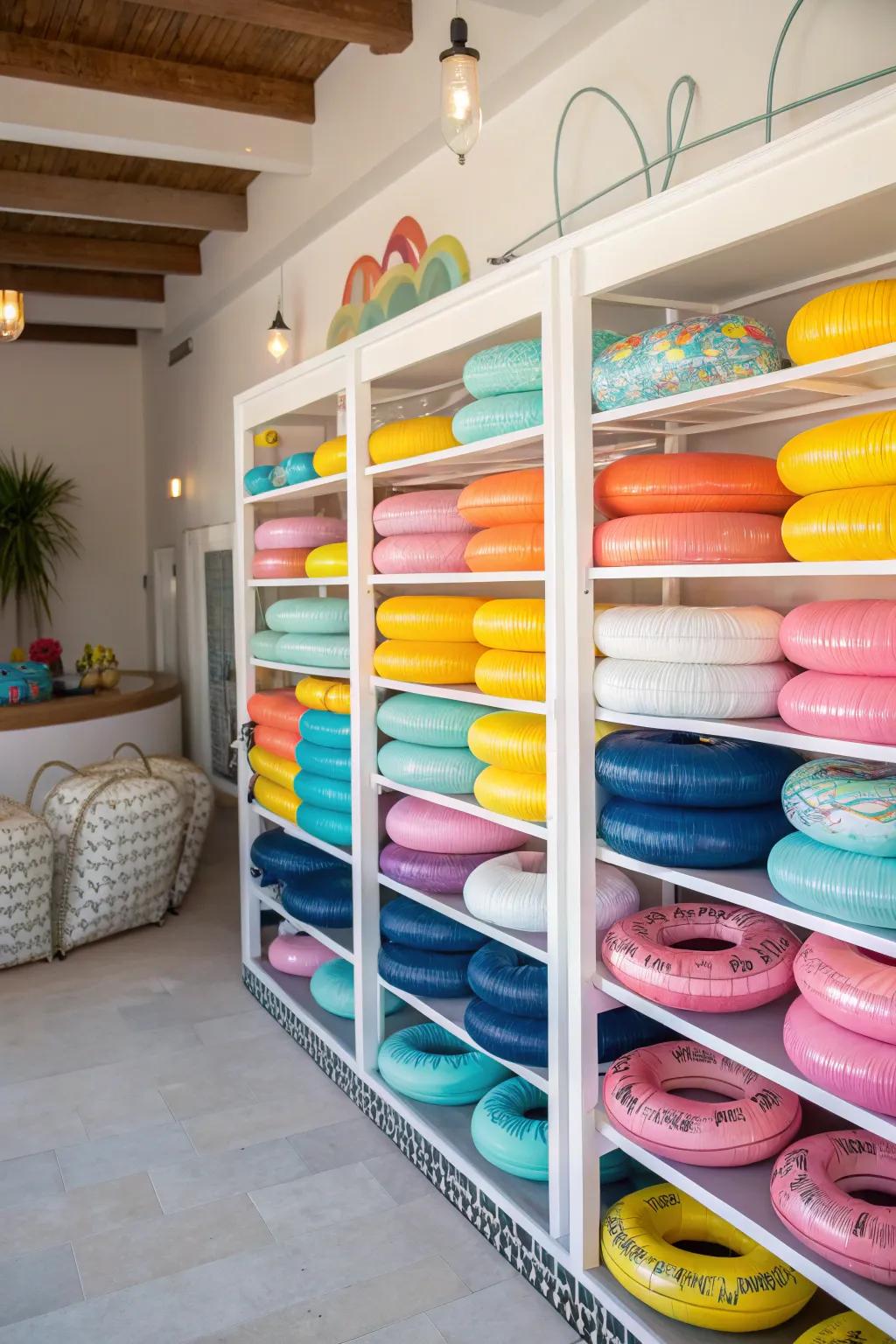 Multi-level storage keeps pool floats arranged by size.