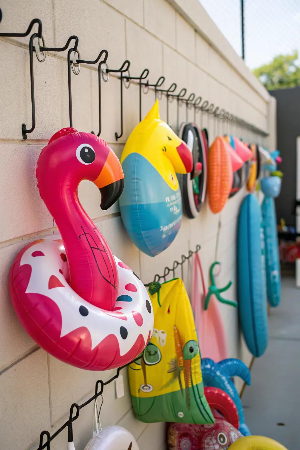 Hangers and hooks offer a simple way to store pool floats.