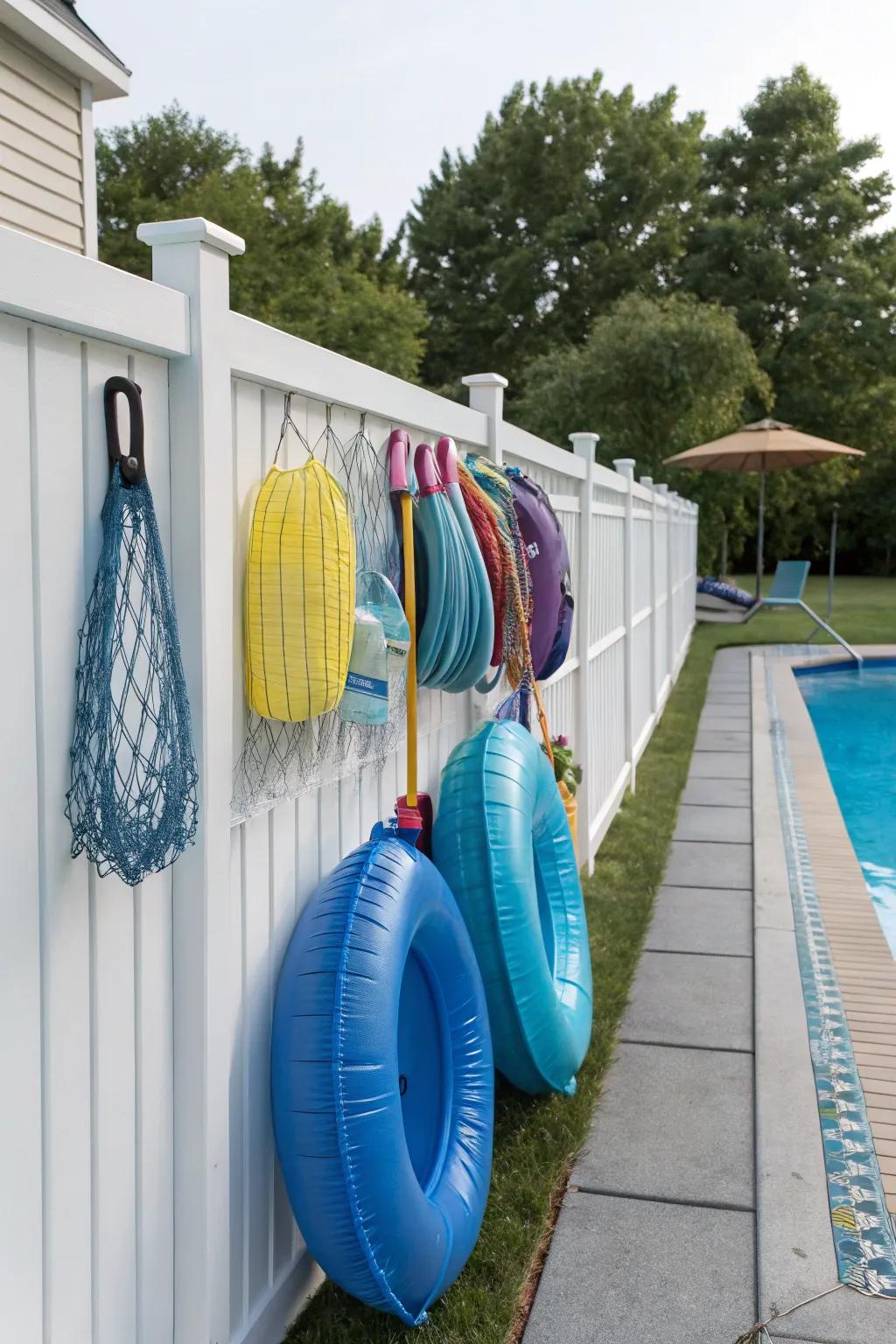 Fence with hooks and nets for simple pool float storage.