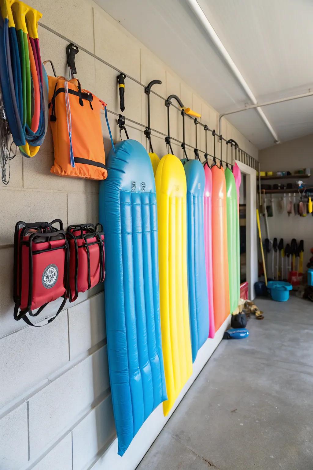 Pool floats kept on wall racks creating a neat and spacious garage.