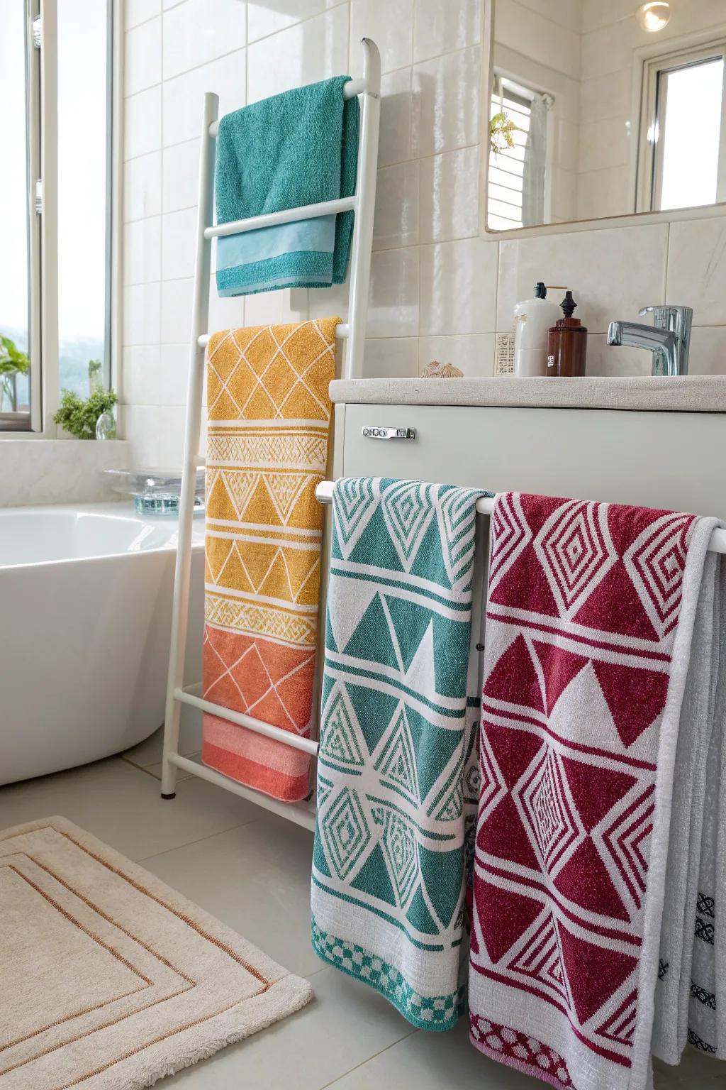 Artful towels introduce texture and vibrancy into your bathroom décor.