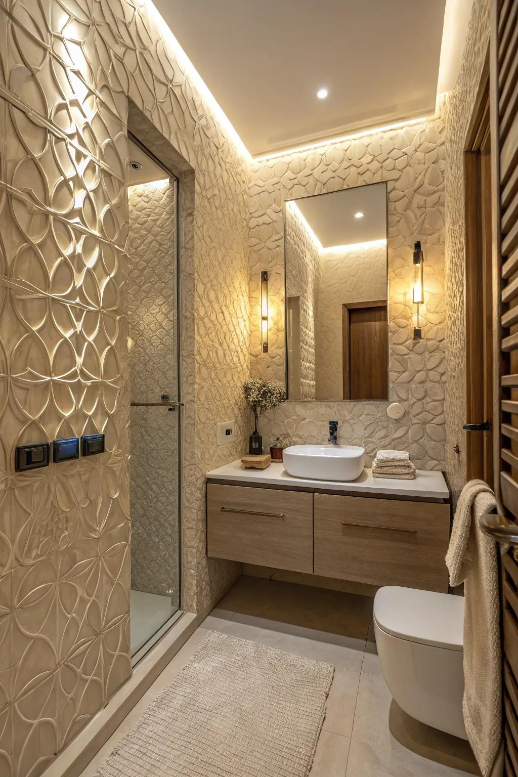 Textured walls introduce sophistication and depth into your bathroom.