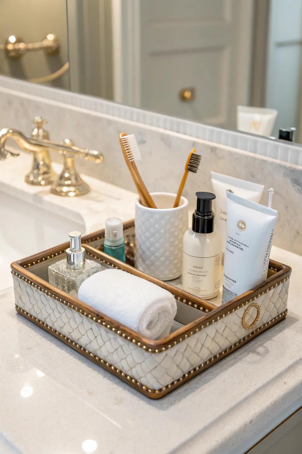 A distinctive vanity tray maintains the organization of your essentials and introduces elegance.