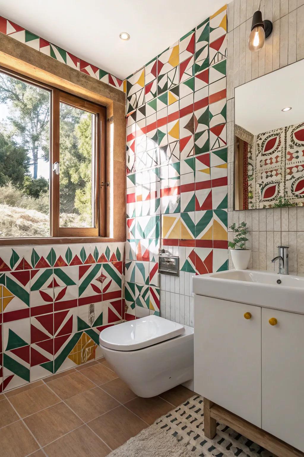 Patterned tiles inject an artistic and daring flair into your bathroom.
