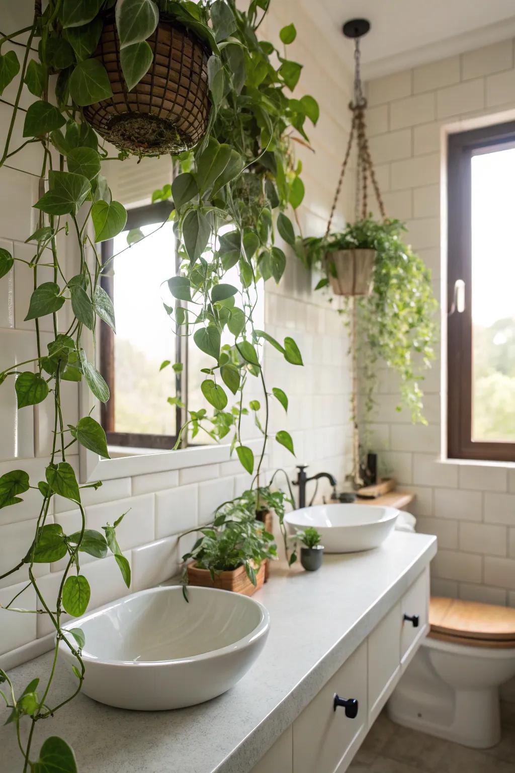 Hanging plants introduce organic beauty and a rejuvenating element into your bathroom.