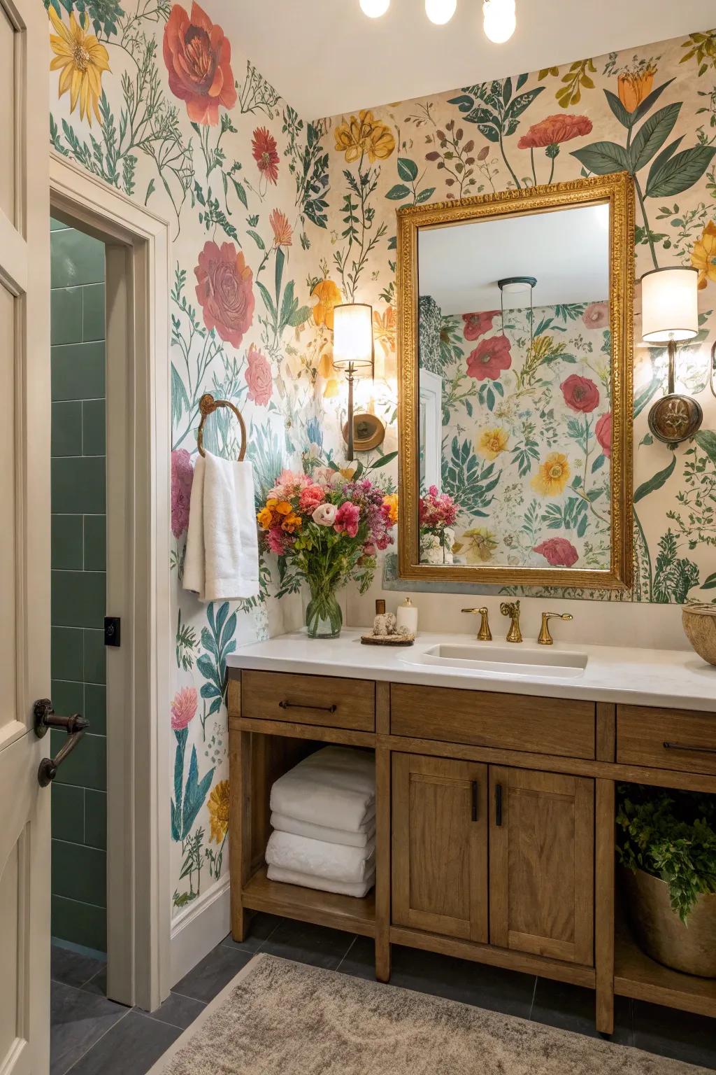 Floral wallpaper infuses a touch of the outdoors and sophistication into any bathroom.