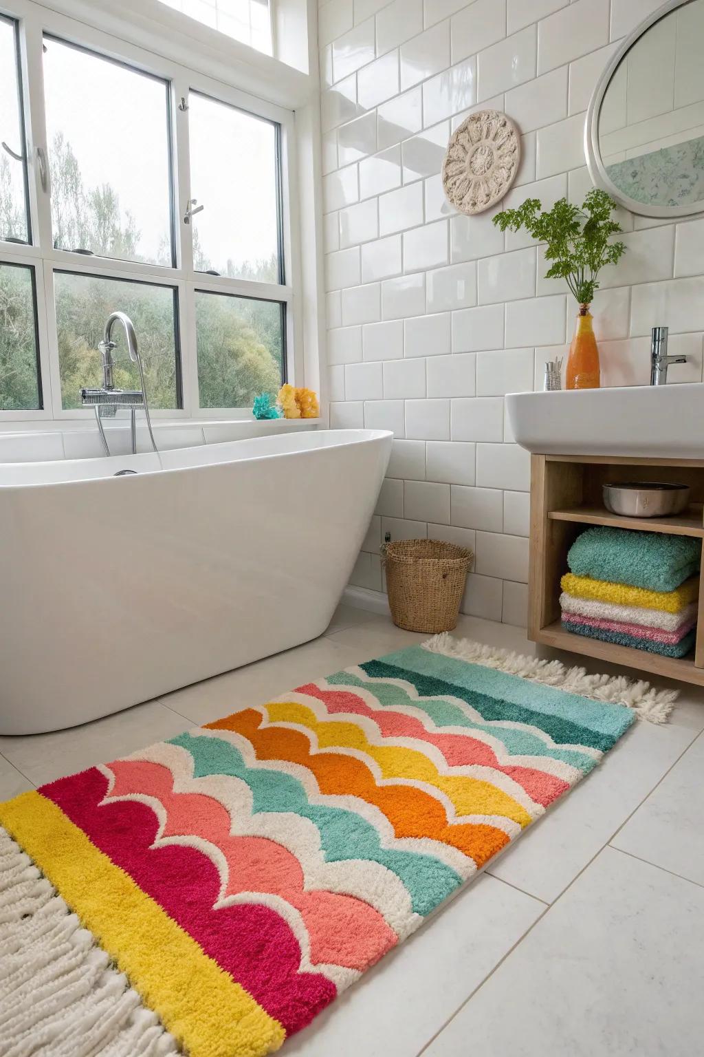 A vibrant bath mat uplifts the mood and introduces energy into your bathroom.
