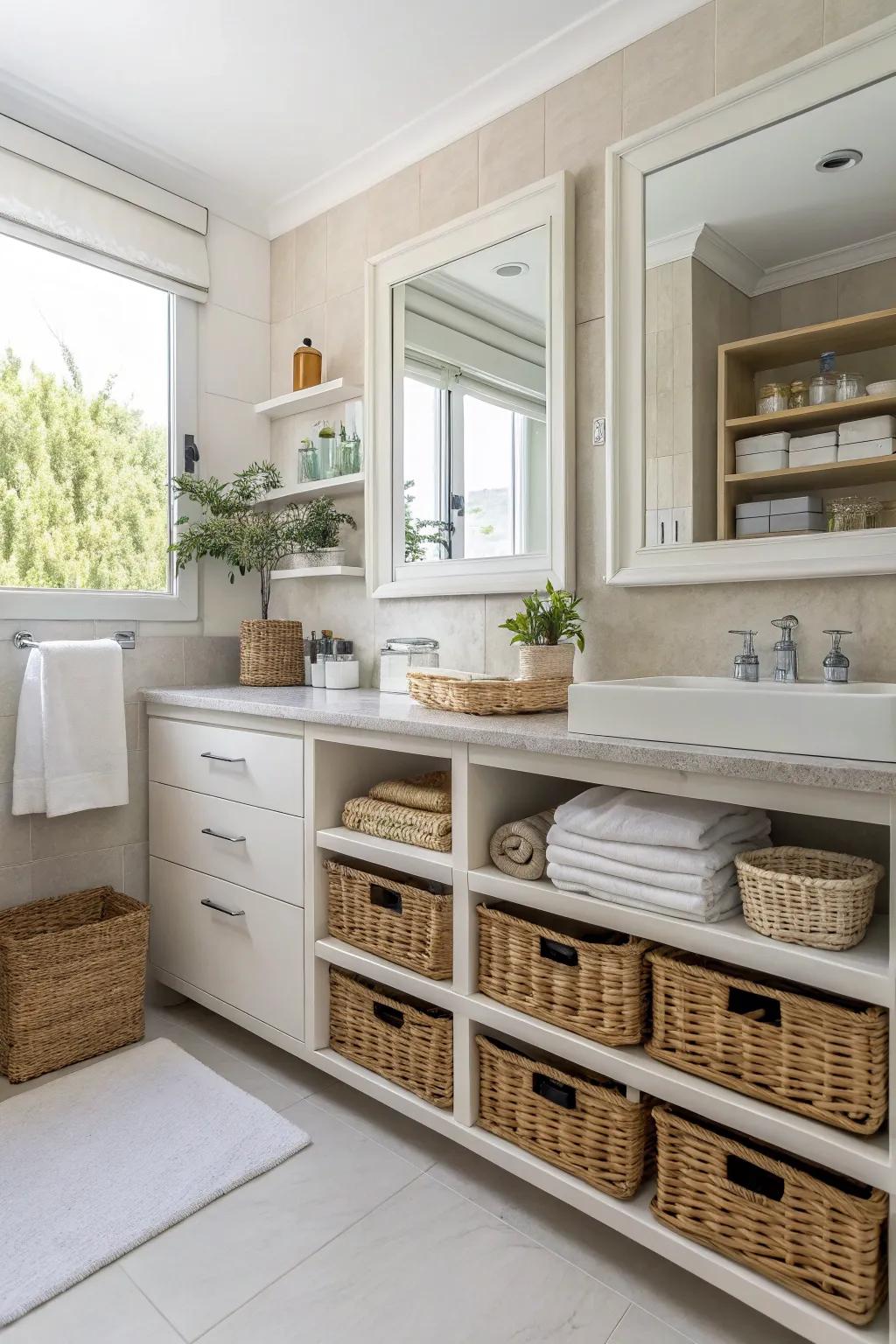 Personalized storage solutions maintain your bathroom's tidiness and style.