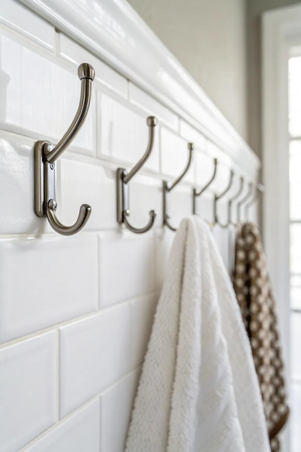 Minimalist hooks keep your bathroom uncluttered and elegant.