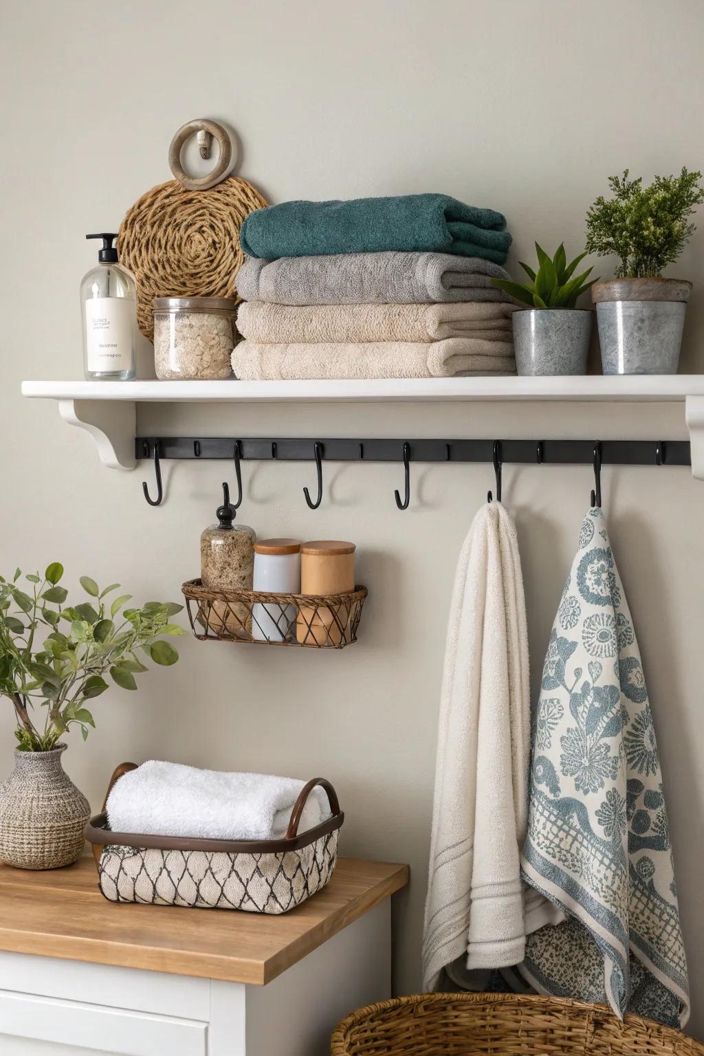 Floating shelves with hooks provide smart storage.