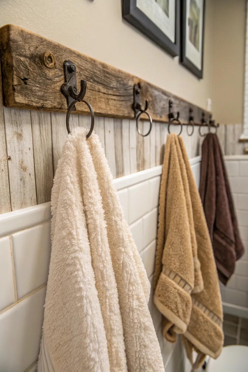 Upcycled wood hooks give your bathroom a rustic feel.