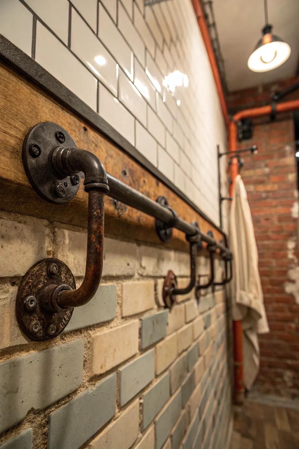 Industrial pipe hooks provide a rugged appeal.