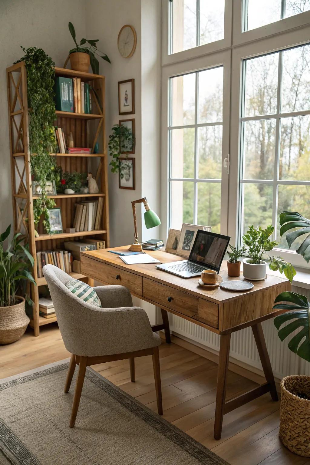 A sunlit home office, generously filled with natural light from large windows.