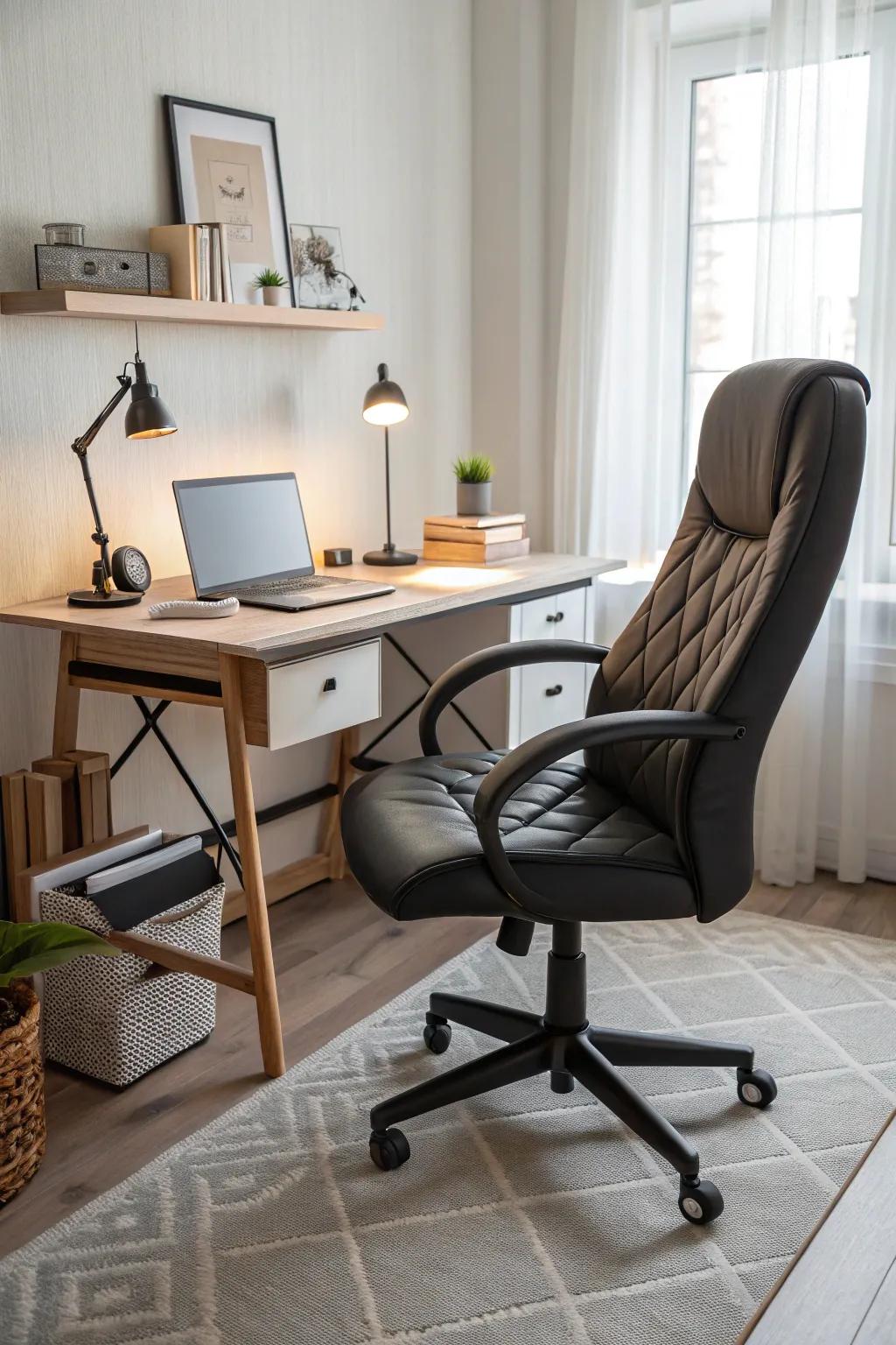 A fashionable and ergonomic chair that enhances comfort in a home office.