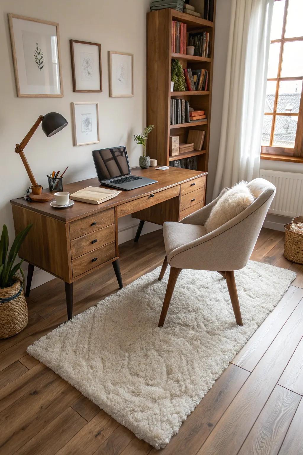 A modern home office that emphasizes surface contrasts.